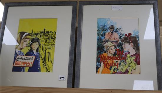 Two original watercolour and gouache book cover designs, Adventure in Budapest and The Rasmadin 27 x 19cm